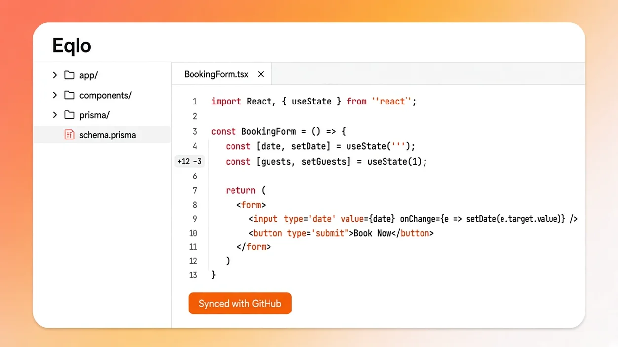 Code editor with a synced GitHub repository and React files