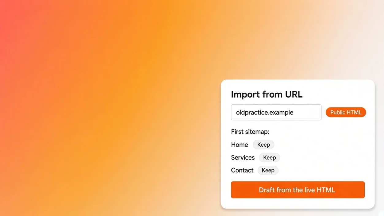A public URL pasted as the brief, with the live homepage and a first sitemap beside it