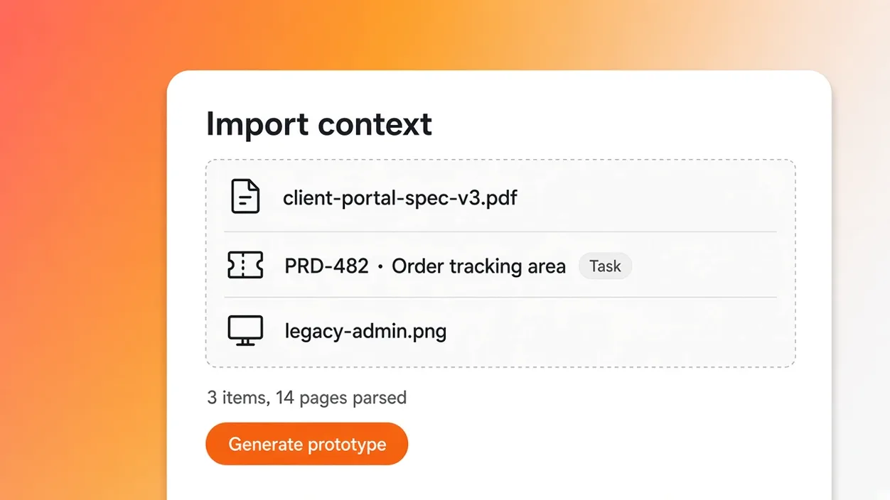 Import panel with a spec PDF, a ticket, and a screenshot of the current tool
