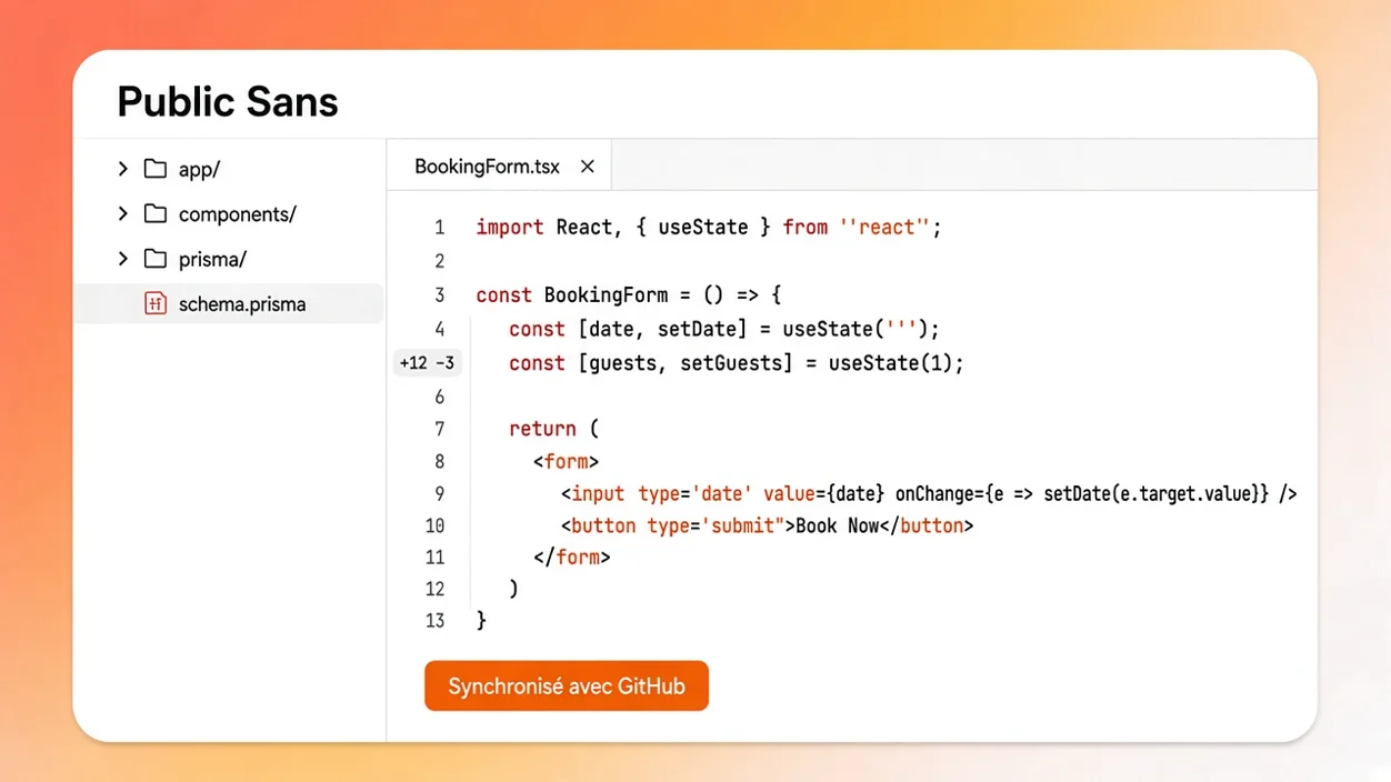 Éditeur de code avec un dépôt GitHub synchronisé et des fichiers React